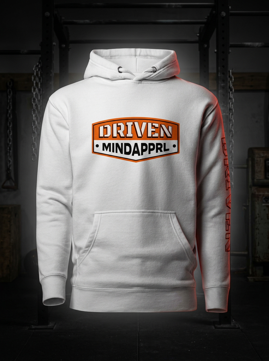 Core Badge Hoodie — white pullover hoodie, dark warehouse gym product shot